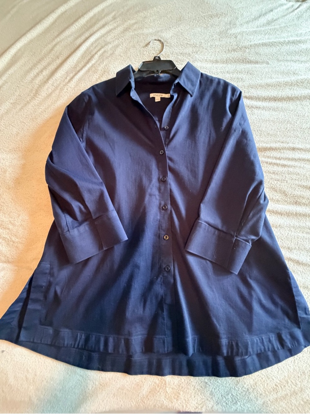 Chico’s Stretch Tunic Button Front Shirt- Navy, Chico’s Size 3